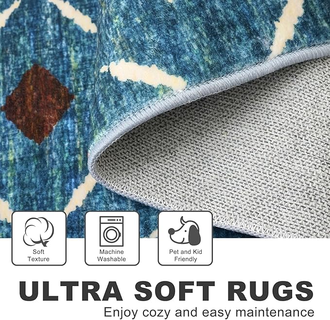 KILOCOCO Hallway Runner Rug 2'x7' Runners for Hallways Soft Washable Runner Rugs Non Slip Printed Low-Pile Runners for Bedroom Kitchen Living Room Laundry Room Boho Rugs, Teal/Blue