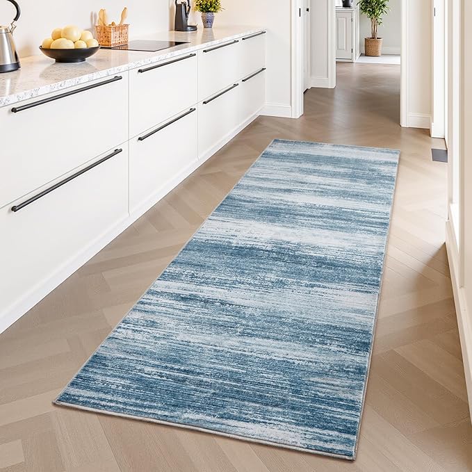 PADOOR Modern Abstract Runner Rug - 2x6 Washable Hallway Rugs, Ultra Soft Non-Slip Low Pile Floor Rugs for Hallway Entryway Kitchen Bedroom Bedside Laundry Room Blue