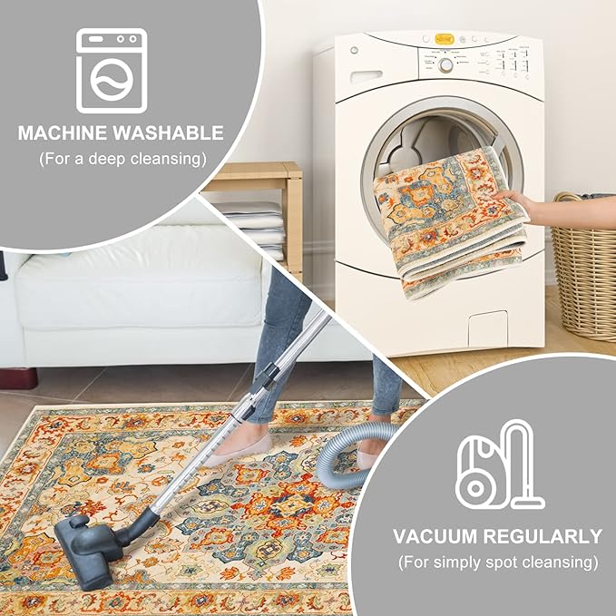 COMSLE Boho Runner Rug, 2' x 8' Washable Rugs for Hallway Faux Wool Small Kitchen Area Rug Distressed Throw Rug Non-Slip Laundry Room Rug Carpet Runner for Entryway Indoor Bedroom