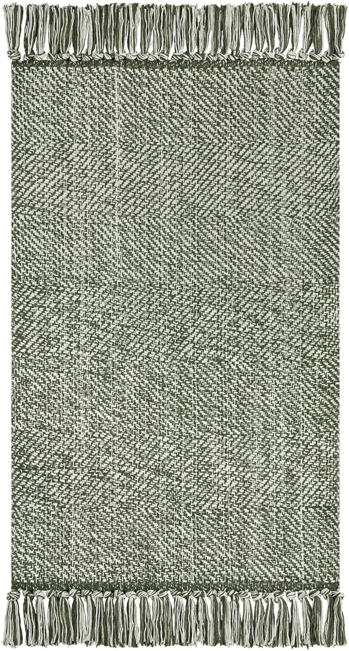 Collive Washable Area Rug 3' x 5', Modern Woven Kitchen Rugs, Olive Green/Cream Braided Cotton Rug Indoor Door Mat Throw Carpet for Entryway Living Room Nursery Mudroom Laundry Room