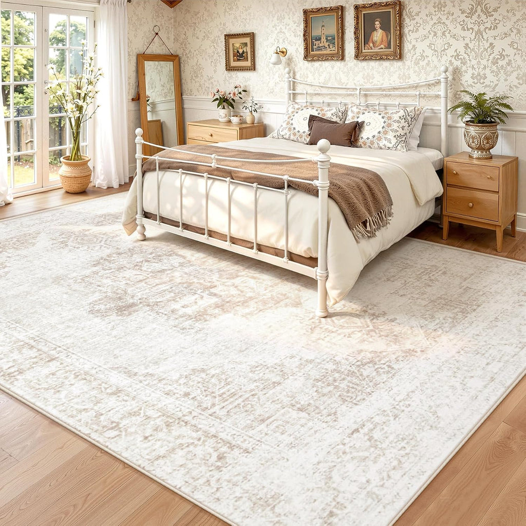 8X10 Area Rugs for Living Room, Washable Rugs Beige Vintage Medallion Non-Slip Soft Low Pile Rug Large Indoor Retro Carpet for Bedroom Dining Room Home Office Nursery Room(Beige,8'x10')