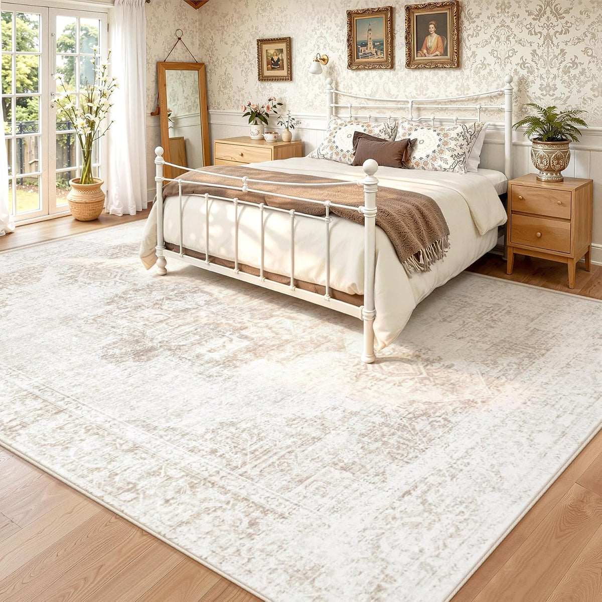 8X10 Area Rugs for Living Room, Washable Rugs Beige Vintage Medallion Non-Slip Soft Low Pile Rug Large Indoor Retro Carpet for Bedroom Dining Room Home Office Nursery Room(Beige,8'x10')