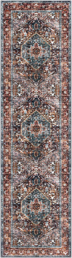 KOZYFLY Runners for Hallways 2x7 Ft Washable Kitchen Runner Rug Boho Runner Rug for Entryway Indoor Printed Oriental Faux Wool Floor Carpet Runner for Bedroom Kitchen Hall, Brick Red/Orange/Green