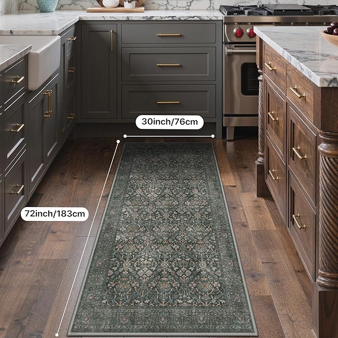 Bavni 2'6''x6 Rug Runners for Hallways, Washable Runner Rug Non Slip, Vintage Floral Print Style Rugs for Bedroom-Lightweight Low Pile Carpet for Hallways Bathroom, Dark Green