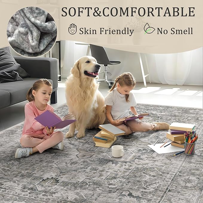 2x3 Machine Washable Area Rug for Entryway, Olive Grey Boho Vintage Floral Rug Non-Slip Low Pile Soft Faux Wool Small Carpet, Kids and Pets Friendly for Bedroom Kitchen Hallway Bedside Home Decor Rug