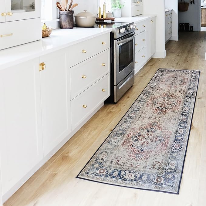 RUGGABLE Washable Vintage Runner Rug – Kamran Royal Blue 2.5x7, Stain-Resistant, Non-Slip Hallway Runner – Machine Washable Rug for Hallway, Entryway, Living Room & Kitchen–with Standard Pad