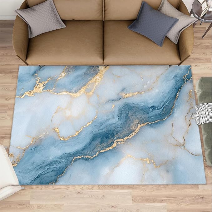 3x4 Abstract Marble Rugs for Entryway - Blue-White-Marble Kids Bedroom Rug, Luxury Stone Pattern Mudroom Rug Soft for Coffee Shop Living Room Under Table Game Room