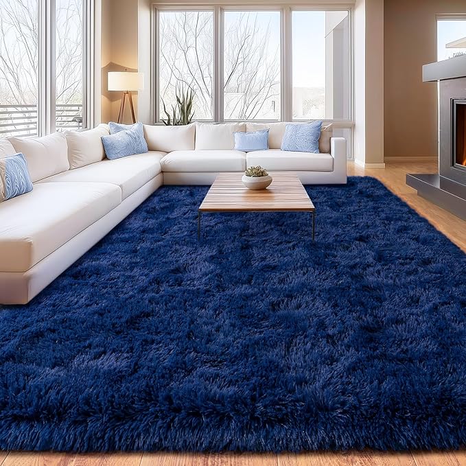 Shag Area Rugs for Living Room, Soft Fuzzy Plush Rugs, Upgrade Anti-Skid Modern Furry Rugs Fluffy Carpets for Kids Room Nursery Home Decor Dark Blue, 8X10 Feet