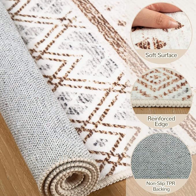 BESTSWEETIE 2x6 Area Rugs for Living Room Washable Moroccan Farmhouse Neutral Geometric Low Pile Non-Slip Soft Print Pattern Rug for Bedroom Kitchen Dining Room Entryway Cream/Brown/Pink