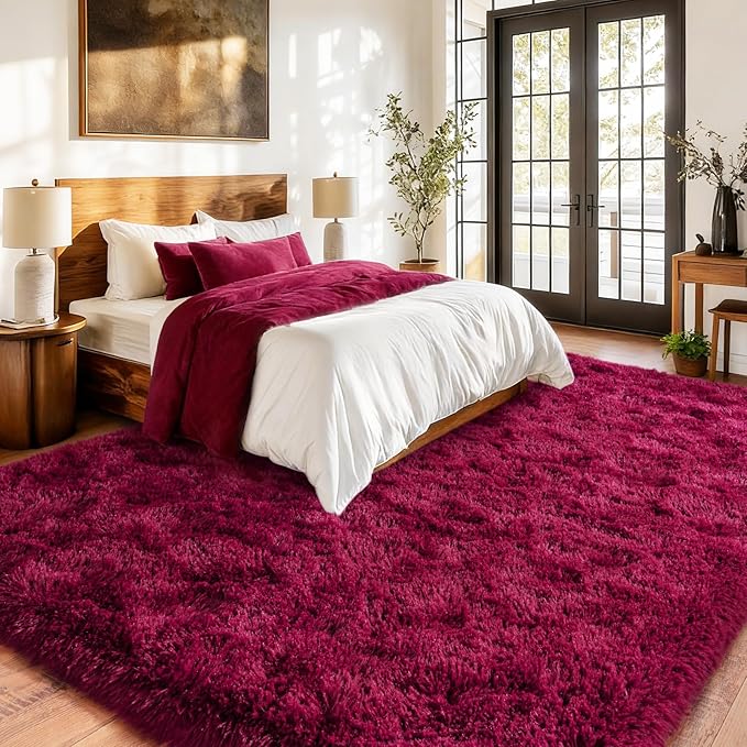 Burgundy Plush Rug for Living Room Fuzzy Carpet for Bedroom Dorm, Non-Slip High Pile Rug, Shag Rug for Playroom Nursery Home Office Decor 8X10 Ft