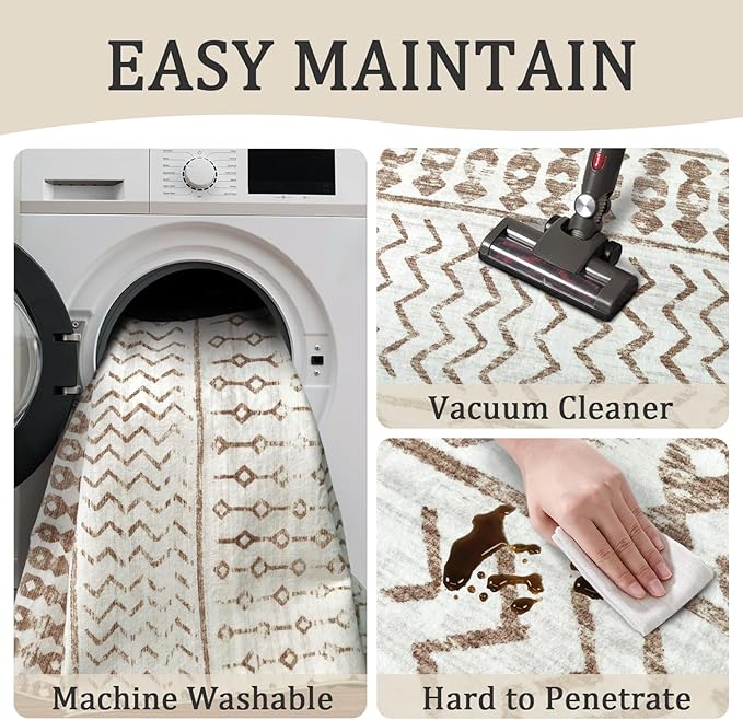 4x6 Machine Washable Area Rug for Living Room, Brown White Vintage Moroccan Rug Large Non-Slip Low Pile Soft Faux Wool Carpet, Kids and Pets Friendly for Bedroom Dining Room Farmhouse Home Decor Rug