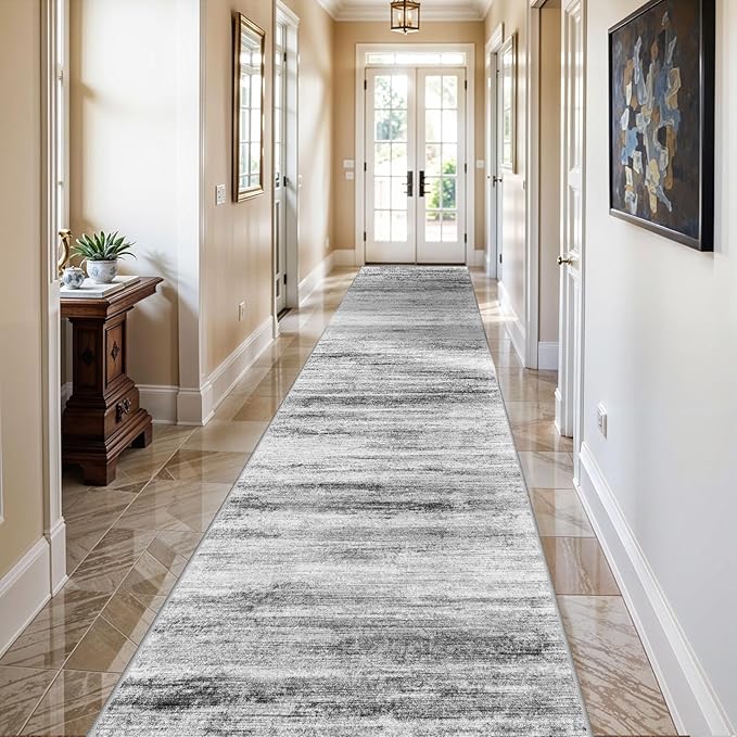 Washable Hallway Runner Rug for Home: Extra Long Runners for Entryway Living Room Dining Room - Stain and Water Resistant Rugs with Non-Slip Backing - Soft Low-Pile Carpet 2'6''x12' Grey