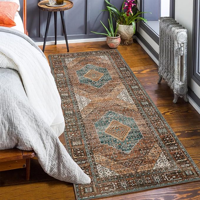 Bavni Runner Rug 2x5 Kitchen Rugs for Hallways Entryway, Washable Print Carpet, Low Pile Lightweight Rug with Non Slip Backing, Vintage Brown/Blue