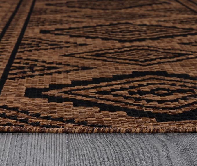 Beverly Rug Waikiki Boho Indoor Outdoor Rug 8x10, Washable Outside Carpet for Patio, Deck, Porch, Bohemian Area Rug, Farmhouse Rugs, Aztec Tribal Rug, Nut Brown and Black