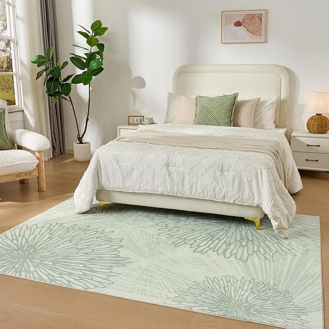 WITSHOCK 5x7 Washable Rug for Living Room,Modern Floral Distress Print Pattern Area Rugs,Stain Resistant with Non Slip Backing Carpet for Dining Room,Bedroom & Home Decor,Green/Light Green