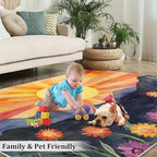 Boho Sun Area Rugs 8x10ft, Radiant Sunburst Area Rug for Living Room, Geometric Solar Modern Rug with Double Sided Carpet Tape for Bedroom Men Room Decor
