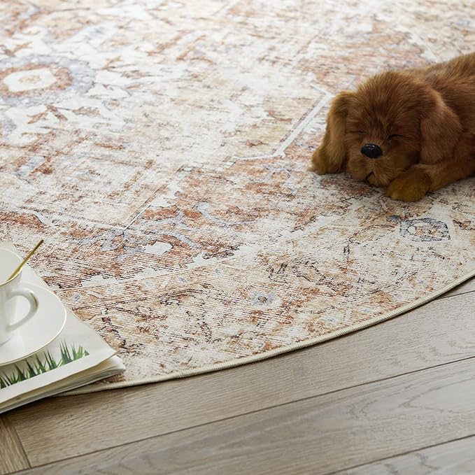 jinchan Kelda Round Rug 8ft Washable Area Rug Indoor Vintage Bedroom Floor Cover Distressed Circle Mat 8' Round Lightweight Non Slip Low Pile Thin Farmhouse Carpet for Living Room Brick Red