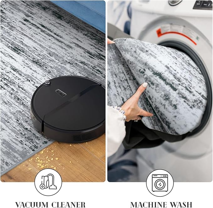 Modern Abstract Bedroom Runner Rug 2x7, Black Grey White Washable Kitchen Runner, Non-Slip Soft Thin Faux Wool Mat for Entryway, Hallway, Laundry Room, Indoor Home Decor