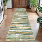 Modern Abstract Hallway Runner Rug, Green Mustard Multi Washable Kitchen Runner Non-Slip Soft 2x8 Runner Rug Thin Print Faux Wool Carpet for Entryway Bedroom Laundry Room Indoor Home Decor