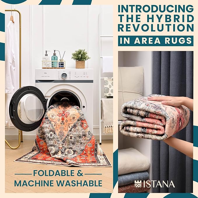Istana Area Rug 2x4 - Red & Teal 2x4 Washable Rug Non Slip - Pet Friendly Living Room Rug - Non Shedding Washable Rugs for Bedroom - Foldable Bathroom Rugs
