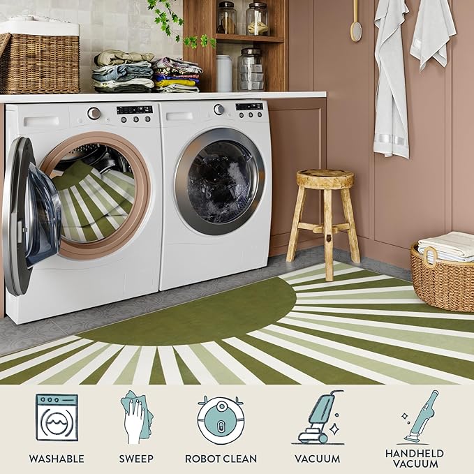 Lahome Green Area Rug: 5'x7 'Ultra-Thin Machine Washable & Non-Slip with Cute Boho Rainbow Sun Print for Living Room, Nursery, Bedroom, Entryway & Office