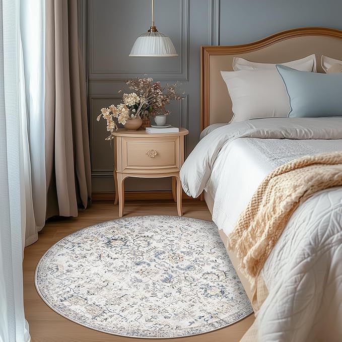jinchan Kalen Round Rug 5ft Area Rug Entryway Washable Vintage Indoor Retro Floor Cover Distressed Floral 5' Round Circle Boho Non Slip Thin Carpet for Kitchen Bedroom Living Room Dining Room Blue