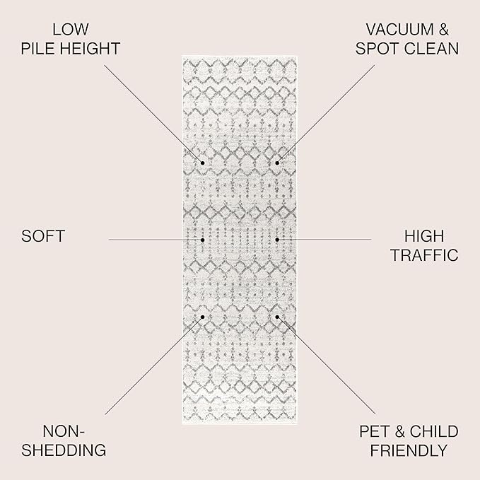 JONATHAN Y Boho Vintage Diamond Cream/Gray Runner Rug 2X18 ft, Moroccan Hype for Living Room, Bedroom, Kitchen, Office, Easy-Cleaning, High Traffic, Pet-Friendly, Non-Shedding (MOH101B-218)