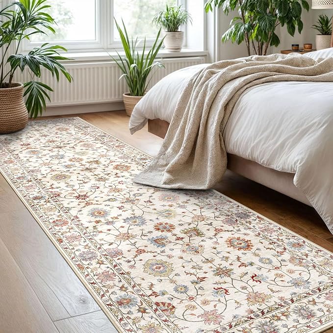 Kitchen Runner Rugs Non Skid Washable - 2.5x8ft Long Cream Colorful Boho Farmhouse Hallway Runner Rug Low Pile Vintage Floral Bohemian Carpet for Hallway Laundry Room Entryway Bedroom Foyer