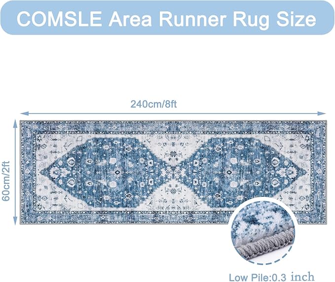COMSLE Boho Runner Rug, 2' x 8' Washable Area Rugs for Hallway Faux Wool Small Kitchen Distressed Throw Rug Non-Slip Laundry Room Carpet Runner for Entryway Indoor Door Mat Bedroom