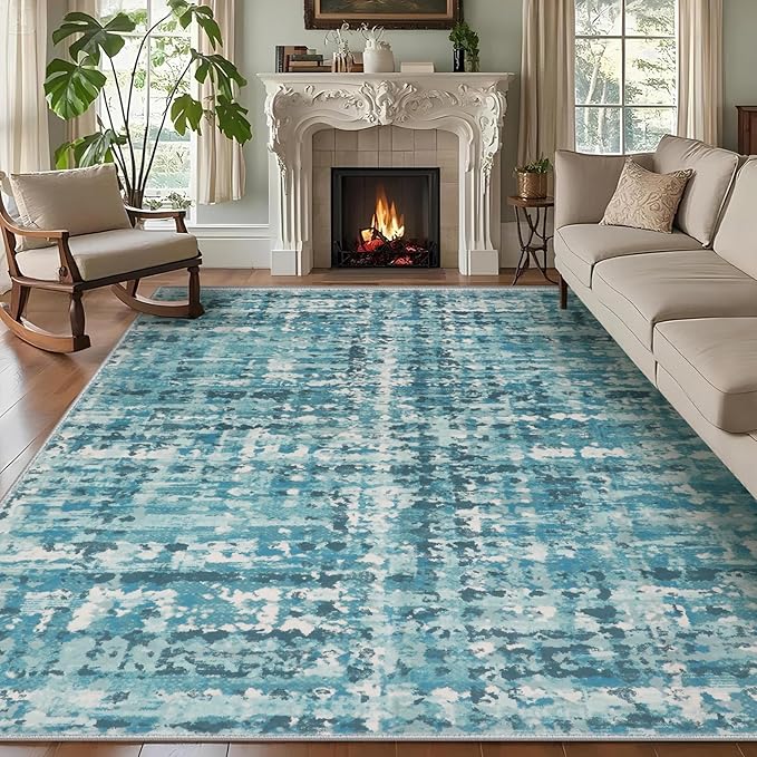 5x7 Abstract Area Rugs for Living Room, Modern Teal Blue Washable Indoor Rug for Bedroom, Thin Soft Large Non-Slip Carpet for Dining Room Home Office Farmhouse Decor