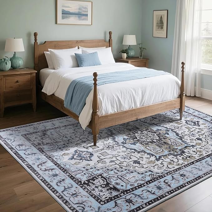 Washable Area Rugs 5x7, Low Pile Soft Vitnage Distressed Rug for Bedroom, Living Room, Dining Room, Non-Slip, Low Pile, Blue