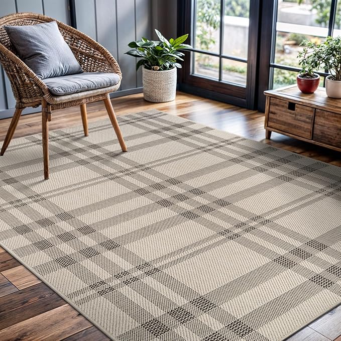 CAMILSON Easy Jute Rug 6x9, Indoor Outdoor Off-White Color Fiber Area Rugs for Entry, Living Room and Farmhouse Rug, Checkred Boho Woven Design, Easy-Cleaning, Washable Outside Carpet (6 x 9)