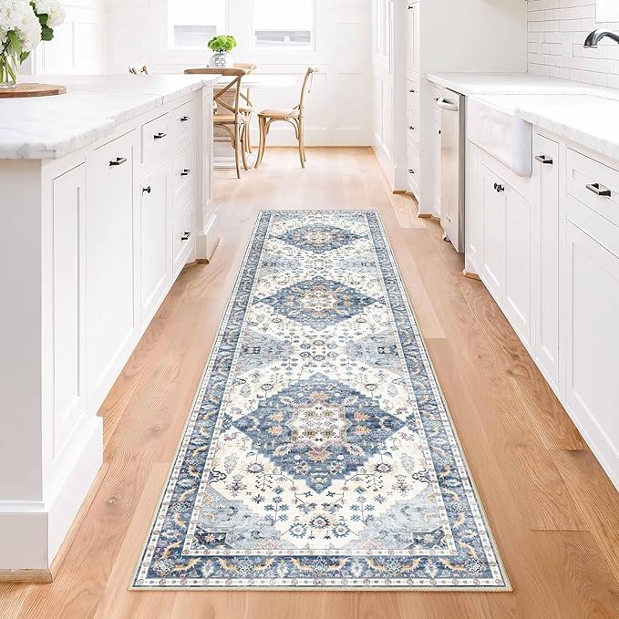 Enkor Runner Rugs for Hallway, 2x8 Washable Soft Non Slip Floor Rugs for Kitchen, Modern Mat for Living Room Bedroom Entryway Blue & White