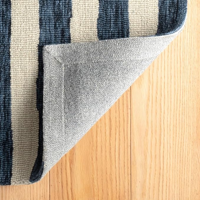 Dash & Albert Silas Stripe Navy Hand Micro Hooked Wool Rug, Runner-2.5 X 8 Feet, Blue Stripe Pattern - Premium Luxury Hotel Quality Soft Breathable Hypoallergenic Machine Washable Easy Care All