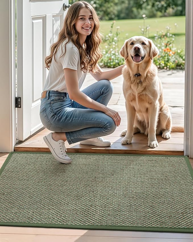 DEXI Ultra Thin Entryway Door Mat 24x36, Non Slip Rubber Backing Inside Entry Mat, Low Profile Easy Clean Dirt Trapper Doormat for Inside Entrance Patio, Green