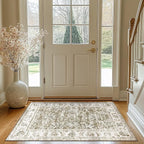 jinchan Fiora Floral 3x5 Area Rug for Entryway - Machine Washable Taupe Vintage Distressed Design Doormat Non-Slip Ultra-Thin Low Pile Boho Rug for Kitchen Living Room Bedroom Farmhouse (3'x5', Taupe)