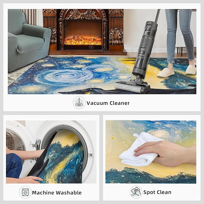 Black Cat Rugs for Bedroom - 3x5 Area Rug - Starry Sky Countryside Rugs for Living Room, Vintage Oil Painting Art Rug, Washable Home Decor Carpet