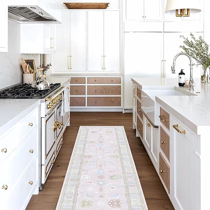 Fame Living Faded Oushak Rug, Turkish Vintage Floral Pastel Large Oversized Area Rugs for Living Room Dining Bedroom Kitchen Bathroom Nursery (854PW, 2'5" x 13')