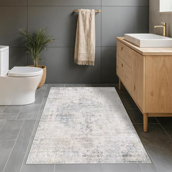 Washable Light Blue Rugs for Entryway Indoor - 3x4 Throw Rug for Large Kitchen, Bedroom Bedside, Bathroom, Mudroom, Mordern Abstract Medallion Décor, Non Slip Low Pile Fade Resistant