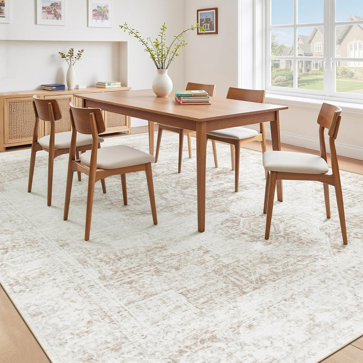 8X10 Area Rugs for Living Room, Washable Rugs Beige Vintage Medallion Non-Slip Soft Low Pile Rug Large Indoor Retro Carpet for Bedroom Dining Room Home Office Nursery Room(Beige,8'x10')