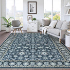 LIVEBOX Washable Area Rug 8x10 - Large Blue Boho Living Room Rug Vintage Rugs for Bedroom, Non-Slip Retro Floral Carpet Print Distressed Accent Rugs for Dining Room Home Office