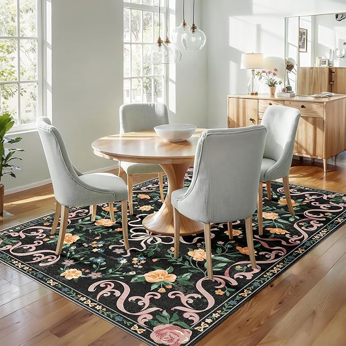Black Rug Bow Floral Rug for Girls, 5x7 Washable Area Rugs for Bedroom Living Room, Kitchen,Dining Room,Kids Room,Playroom, Cute Ultra-Thin Non Slip Low Pile Indoor Carpet