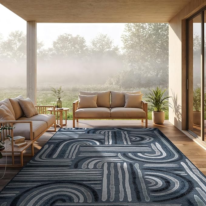CAMILSON Indoor Outdoor Rug, Navy Blue 6x9 Geometric Arch Striped Area Rugs for Patio and Home Areas, Easy-Cleaning Non-Shedding Living Room, Garden and Deck Washable Outside Carpet (6 x 9)
