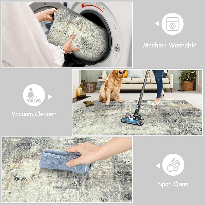 Lahome Modern Abstract Round Rug - 4Ft Grey Small Bathroom Rug Indoor 4x4 Circle Rugs Washable Kitchen Mat, Non Slip Contemporary Bedroom Carpet for Living Dining Room Office Nursery