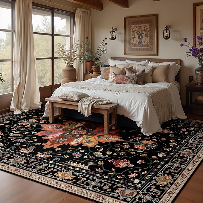 Area Rugs 5'x8' Washable Non-Slip, Floral Vintage Distress Print Pattern Medallion Carpet for Living Room Bedroom Dining Room, Black Colorful Floral Dark Tan