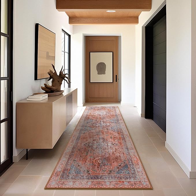 Phantoscope Washable Runner Rug 2'x10' Non-Slip, Vintage Neutral Fall Hallway Rugs for Entryway, Stair, Bedroom, Distressed Boho Medallion Pattern, Low-Pile Foldable Floor Carpet, Rust Orange