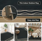 OJIA Easy Jute Washable Rugs 8x10, Large Outdoor Patio Rug Washable Living Room Rug Farmhouse Indoor Outdoor Carpet Wavy Border Modern Non-Slip Black Rugs for Bedroom Backyard Deck Decor