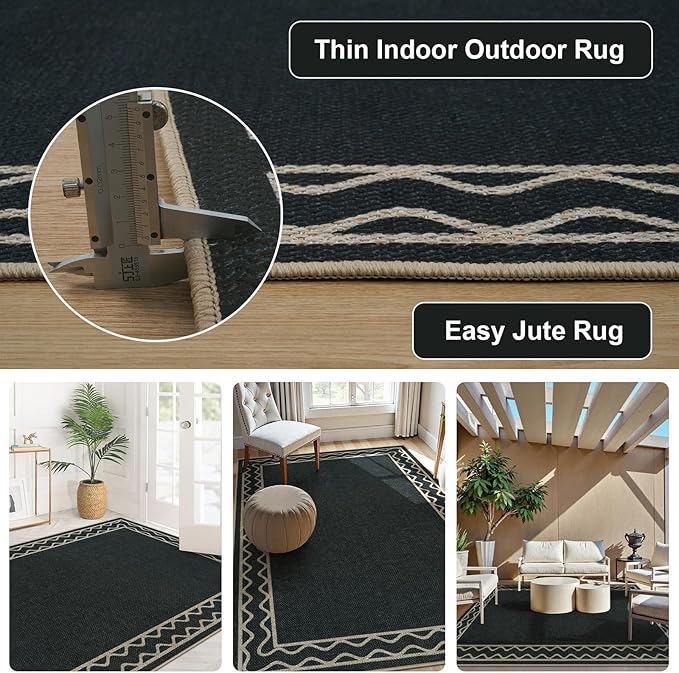 OJIA Easy Jute Washable Rugs 8x10, Large Outdoor Patio Rug Washable Living Room Rug Farmhouse Indoor Outdoor Carpet Wavy Border Modern Non-Slip Black Rugs for Bedroom Backyard Deck Decor