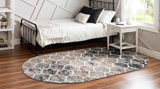 Rugs.com Lattice Frieze Collection Rug – 3' 3 x 5' 3 Oval Blue Multi Medium Rug Perfect for Living Rooms, Large Dining Rooms, Open Floorplans