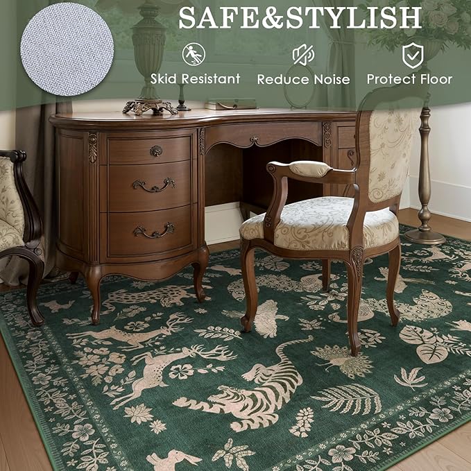 Moynesa Green 8x10 Area Rugs for Living Room, Washable Vintage Neutral Farmhouse Animal Area Rug for Bedroom Dining Room Office Study, Faux Wool Soft Non Slip Retro Carpets for Indoor